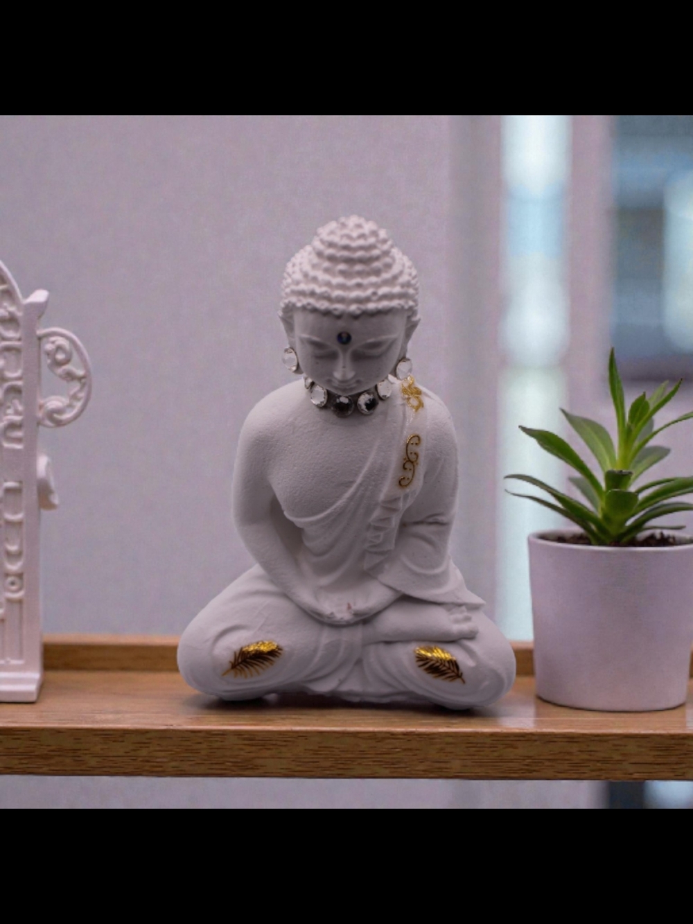 White Buddha Statue with Gold Accents.With Swarovski crystals.5 Inch.